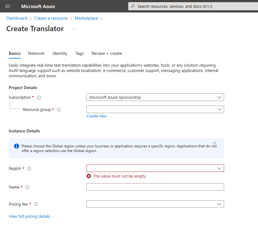 Create Translator Form 로드
