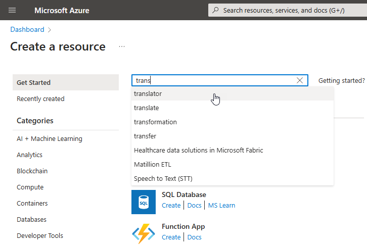 Azure 리소스 검색 창에서 Translator를 검색