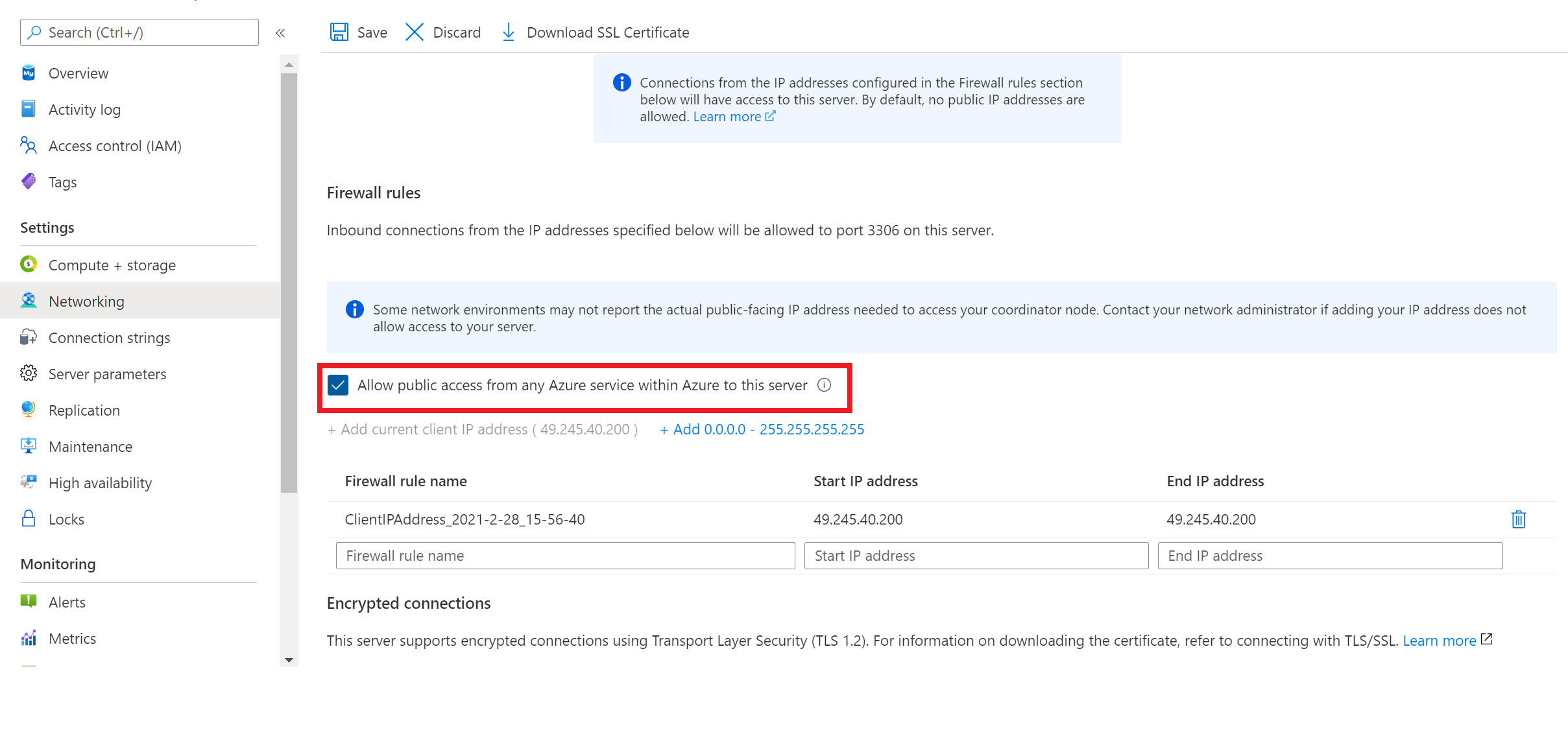 퍼블릭 액세스 네트워크 구성에 대해 MySQL 유연한 서버에 Azure Cloud Shell 액세스를 허용하는 방법을 보여 주는 스크린샷